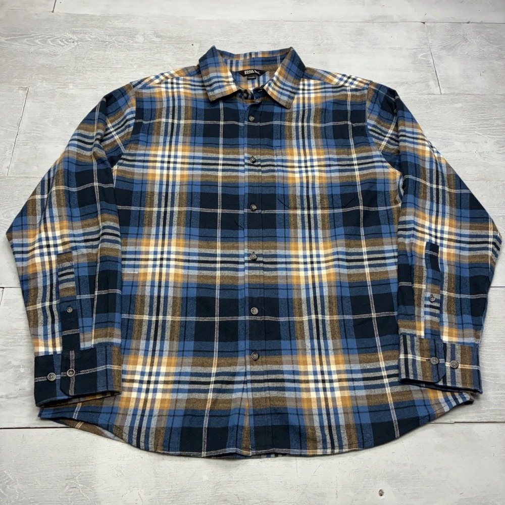 Eddie Bauer Flannel Shirt Men XL Blue Brown Plaid Long Sleeve Button Down Cotton